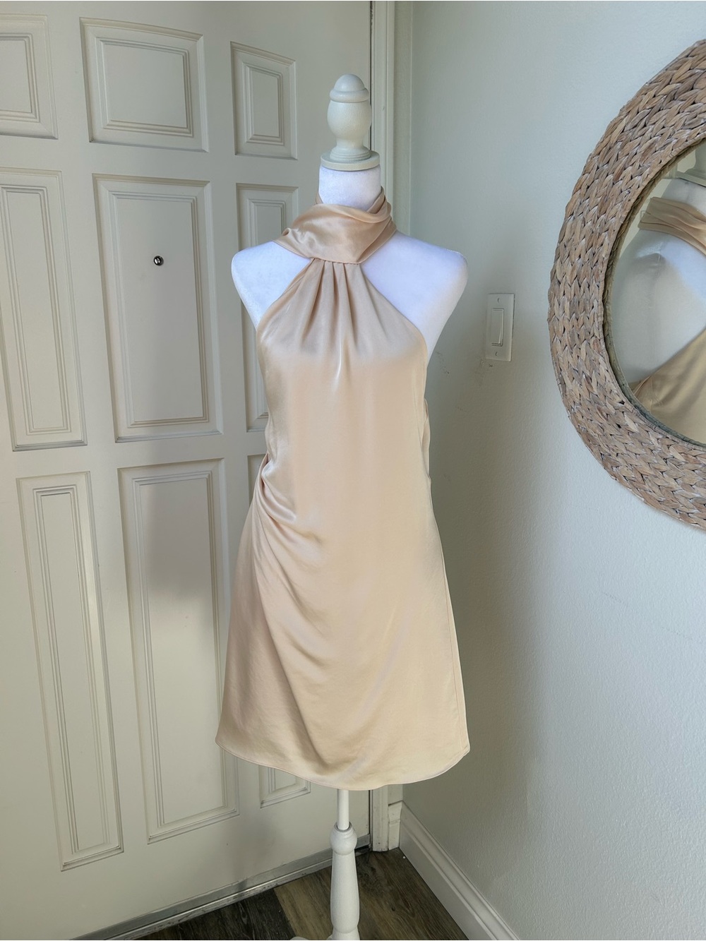SIMKHAI Jade Draped Scarf Mini Dress Blush Satin Halter Open Back NWT Size 8